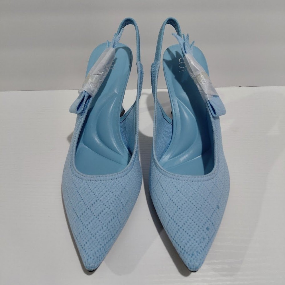Cosy Island Light Blue Knit Pointed Toe Slingback Flared Heel Pumps Womens 9.5 - Picture 7 of 12